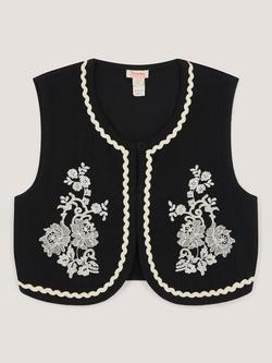 Monsoon Kids' Floral Embroidered Waistcoat, Black, Black