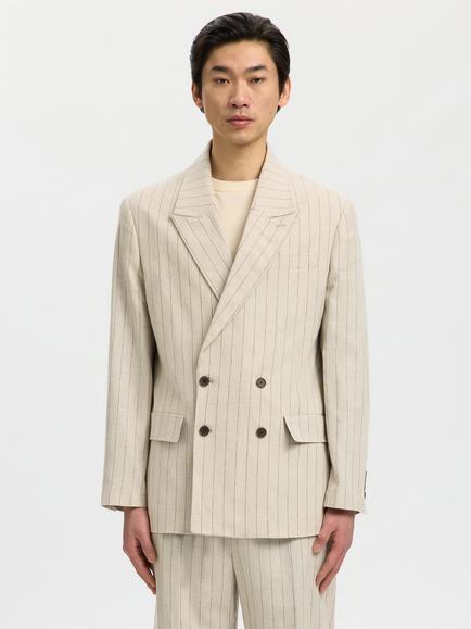 Selected Double Breasted Pinstripe Linen Cotton Blend Blazer, Oatmeal Pinstripe, Oatmeal Pinstripe