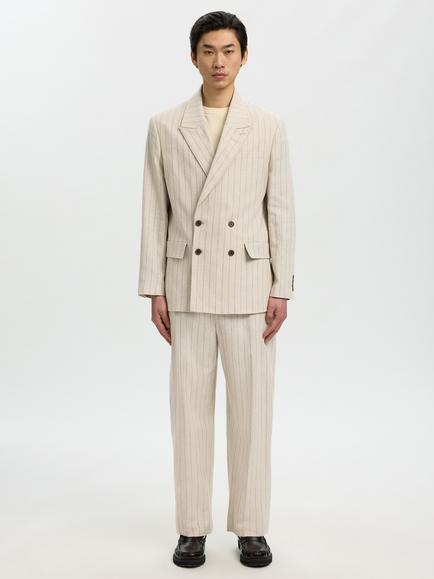 Selected Double Breasted Pinstripe Linen Cotton Blend Blazer, Oatmeal Pinstripe - view 2, Oatmeal Pinstripe