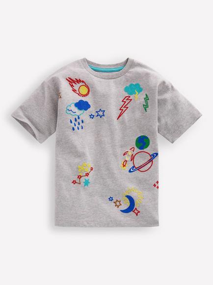 Mini Boden Kids' Relaxed Embroidered T-Shirt, Grey, Grey