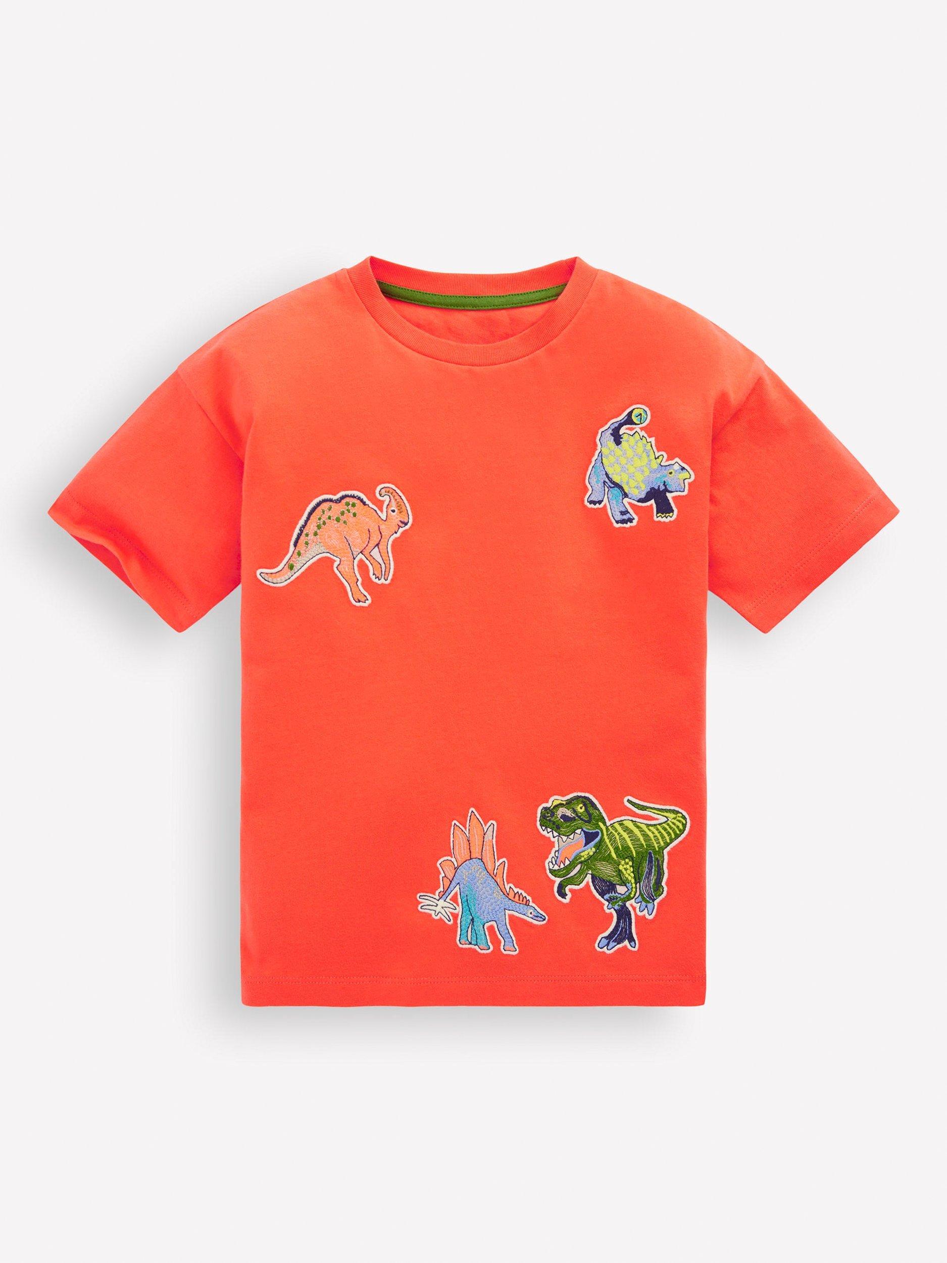 Product image 1 of 3, which shows Mini Boden Kids' Dinosaur T-Shirt, Orange, 2-3 years