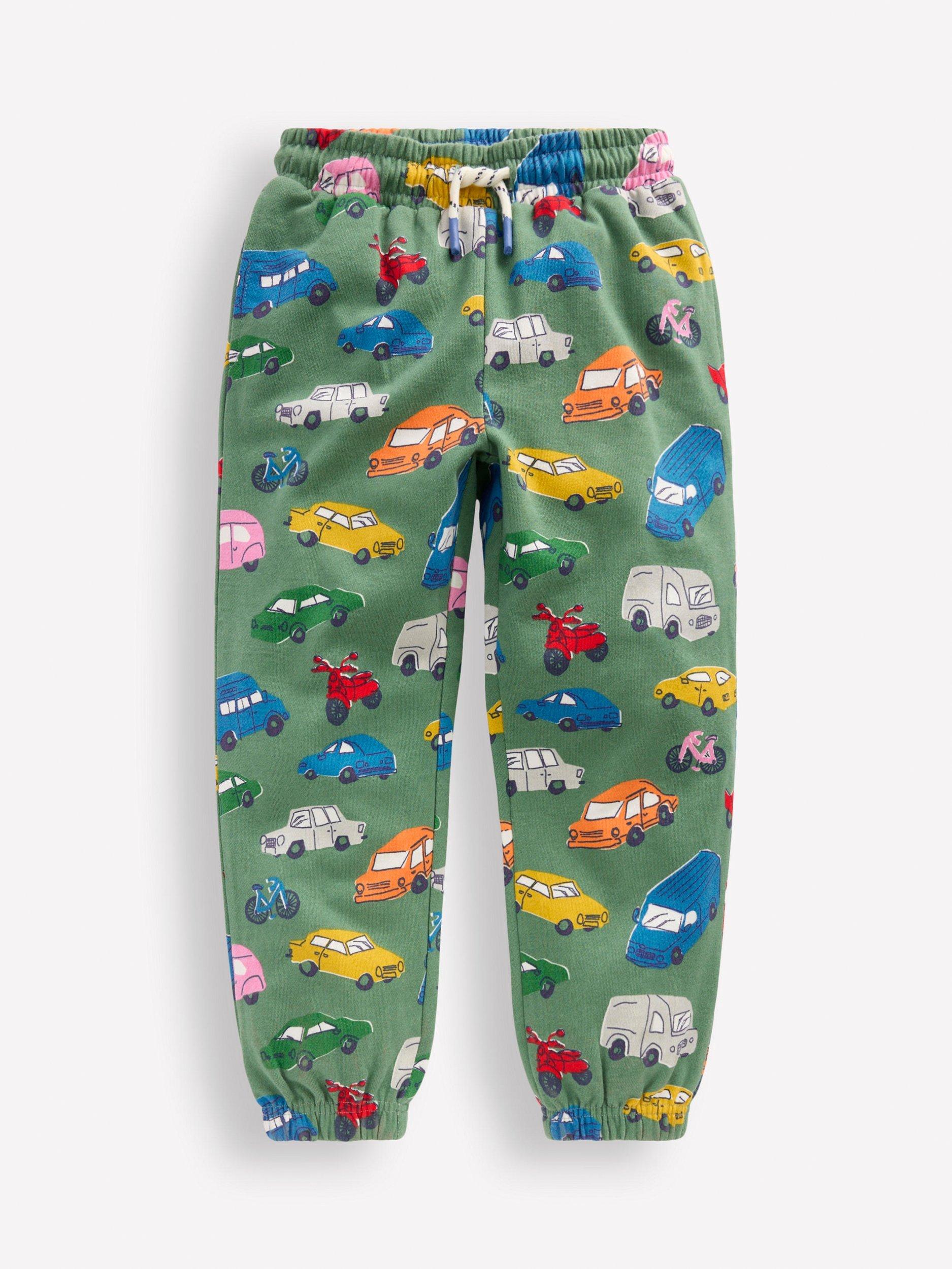 Product image 1 of 3, which shows Mini Boden Kids' Relaxed Car Print Joggers, Green, 2-3 years