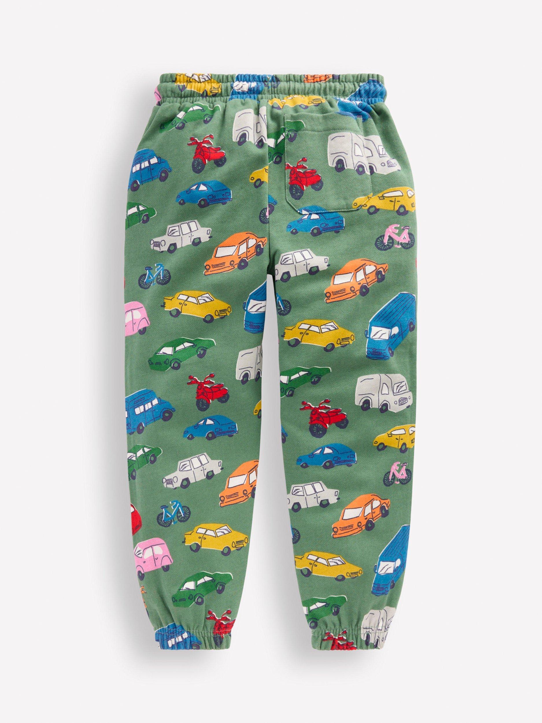 Product image 2 of 3, which shows Mini Boden Kids' Relaxed Car Print Joggers, Green, 2-3 years