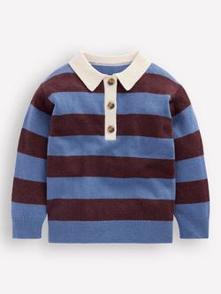 Mini Boden Kids' Knitted Rugby Shirt, Blue/Brown, Blue/Brown