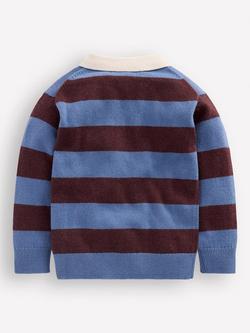 Mini Boden Kids' Knitted Rugby Shirt, Blue/Brown - view 2, Blue/Brown
