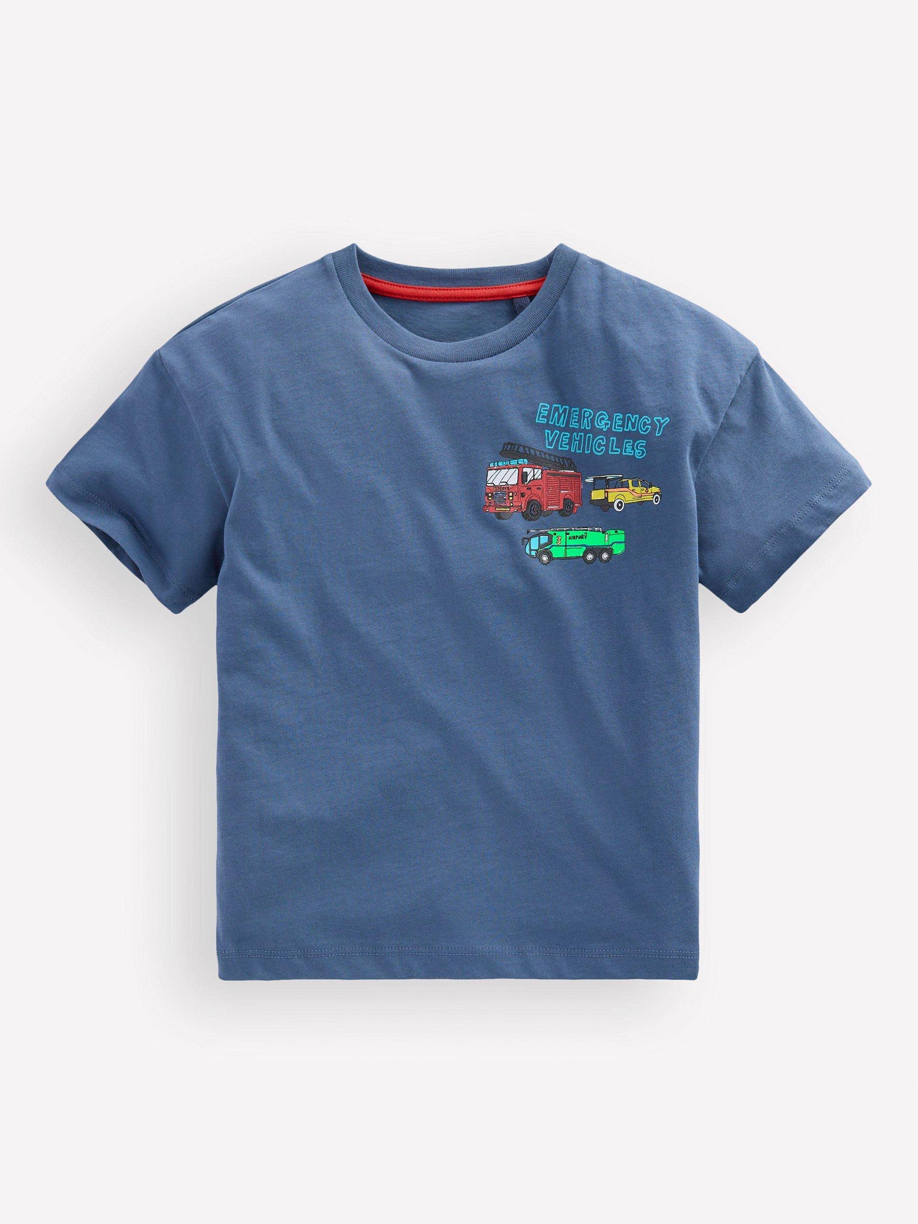 Product image 1 of 3, which shows Mini Boden Kids' Front & Back Graphic T-Shirt, Blue/Multi, 2-3 years
