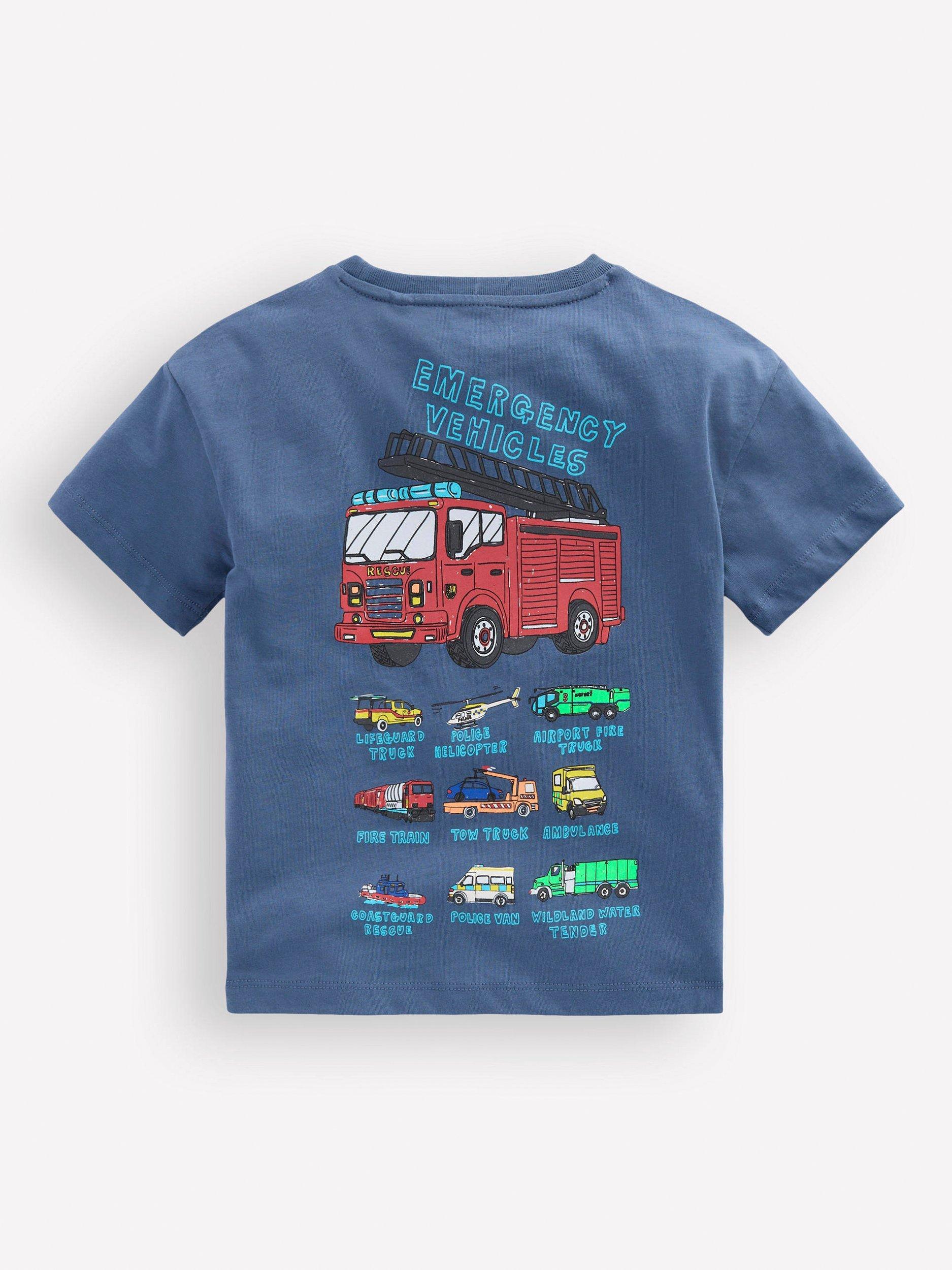 Product image 2 of 3, which shows Mini Boden Kids' Front & Back Graphic T-Shirt, Blue/Multi, 2-3 years