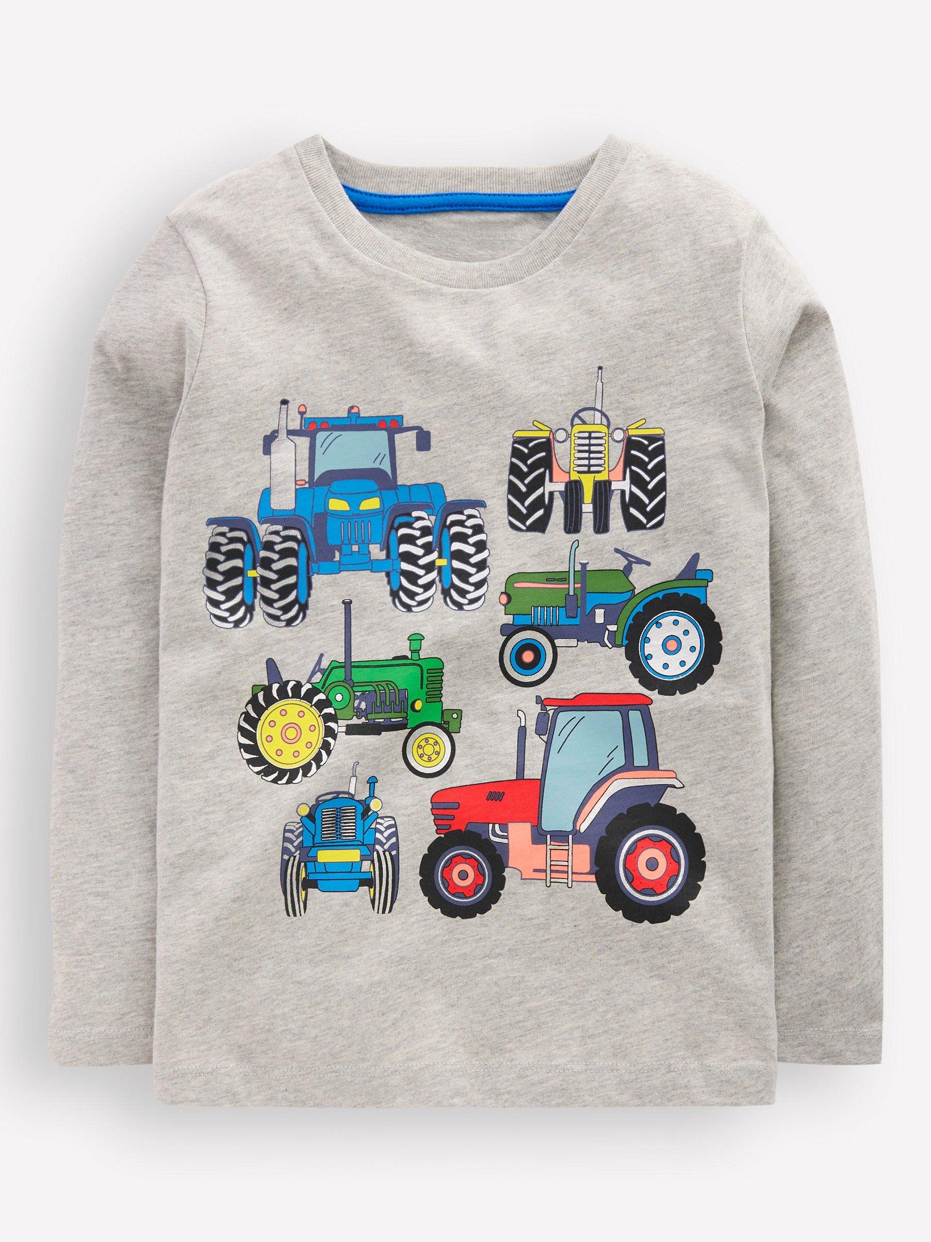 Product image 1 of 3, which shows Mini Boden Kids' Long Sleeve Printed Top, Grey Marl Tractor, 2-3 years