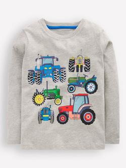 Mini Boden Kids' Long Sleeve Printed Top, Grey Marl Tractor, Grey Marl Tractor