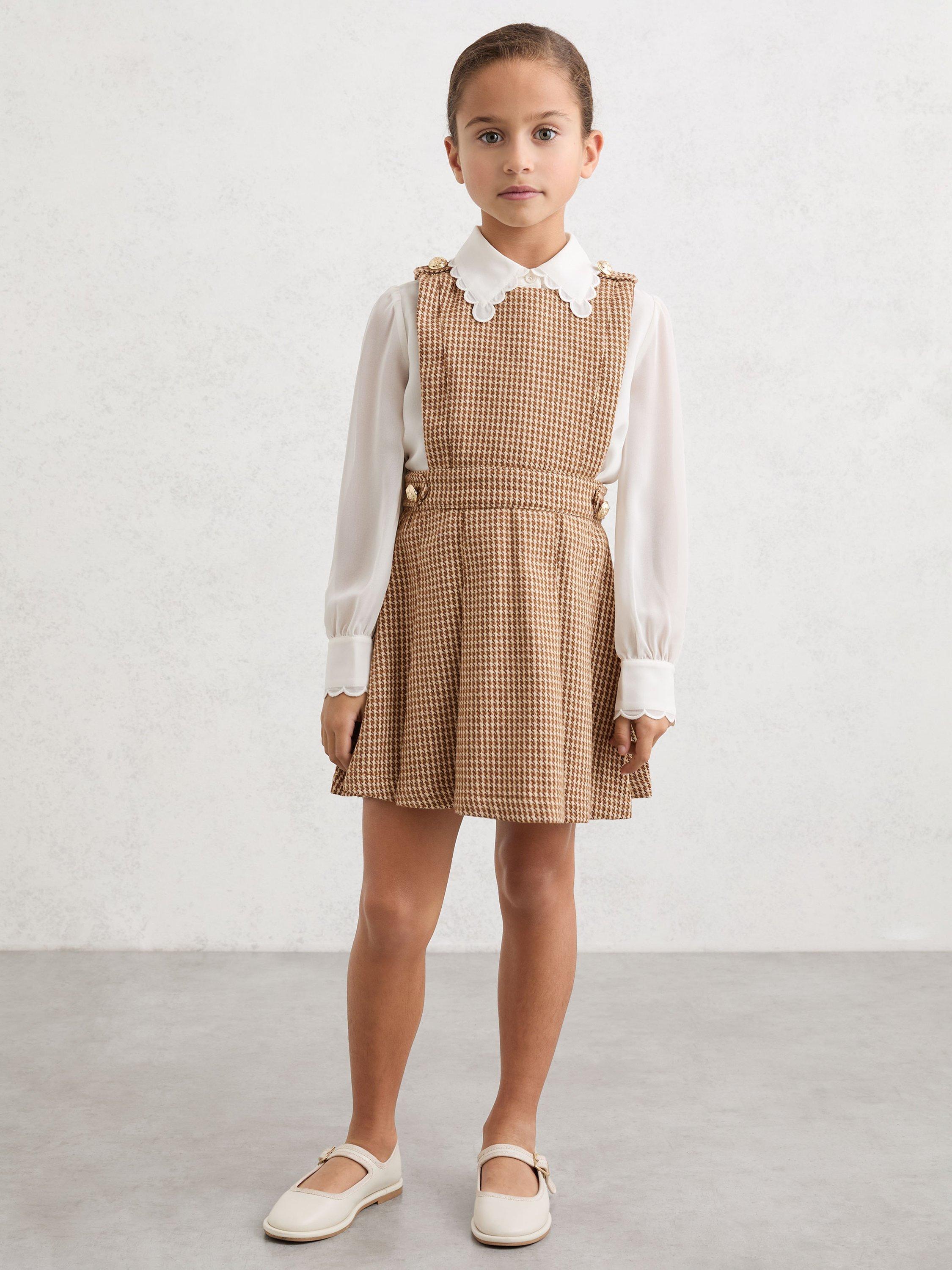 Reiss Kids' Briana Puppytooth Check Pinafore Dress, Brown