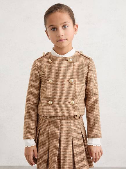 Reiss Kids' Brooke Puppytooth Check Fitted Jacket, Brown, Brown