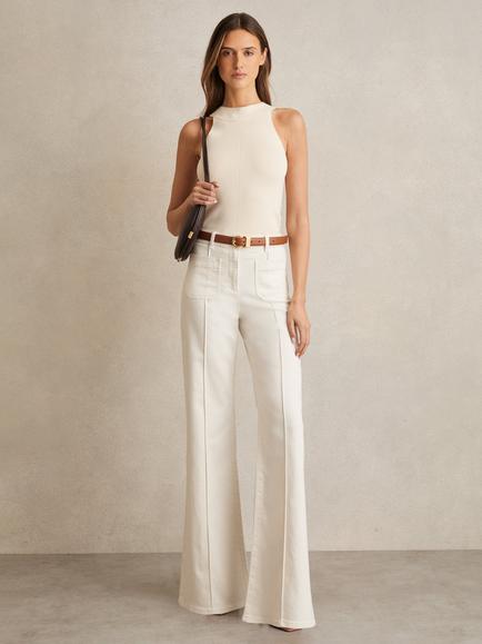 Reiss Sakura Patch Pocket Pintuck Flared Jeans, Ecru, Ecru