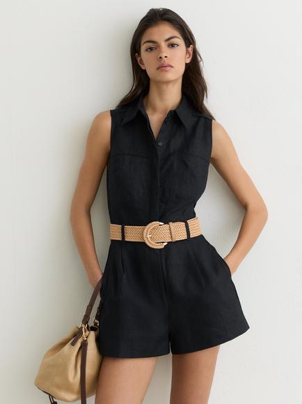 Reiss Taylor Belted Pure Linen Playsuit, Navy, Navy