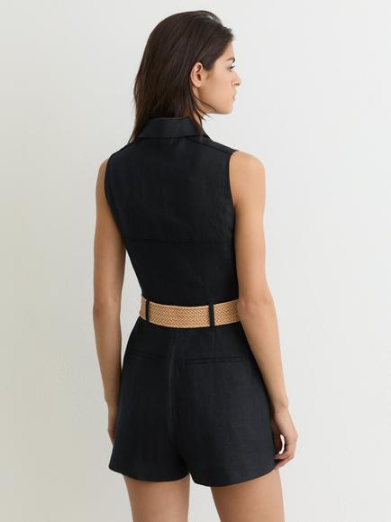 Reiss Taylor Belted Pure Linen Playsuit, Navy - view 2, Navy