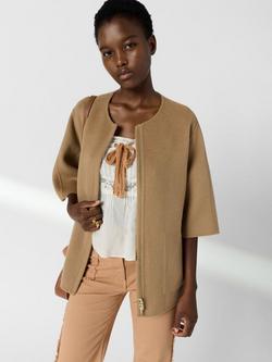 Gerard Darel Round Neck Zip Pure Wool Jacket, Straw, Straw