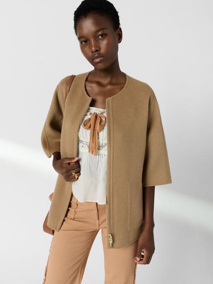 Gerard Darel Round Neck Zip Pure Wool Jacket, Straw, Straw