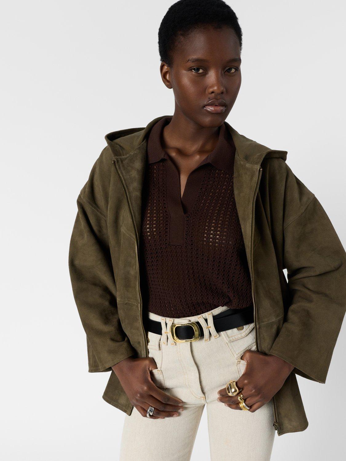 Gerard Darel Tassya Short Hooded Suede Coat, Khaki Green