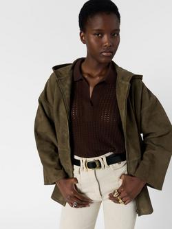 Gerard Darel Tassya Short Hooded Suede Coat, Khaki Green - view 2, Khaki Green