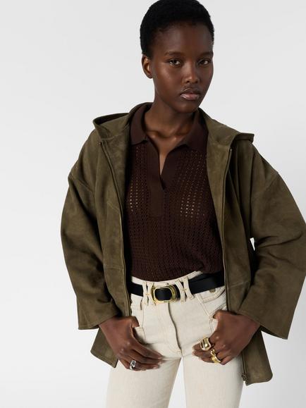Gerard Darel Tassya Short Hooded Suede Coat, Khaki Green - view 2, Khaki Green