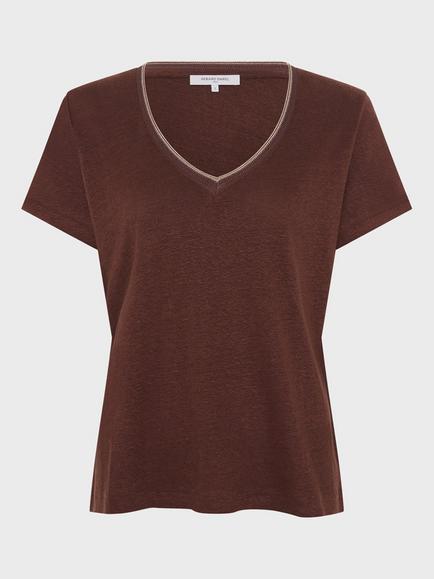Gerard Darel Mirana V-Neck Pure Linen T-Shirt, Brown