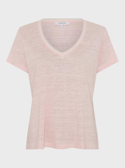 Gerard Darel Mirana V-Neck Pure Linen T-Shirt, Pink