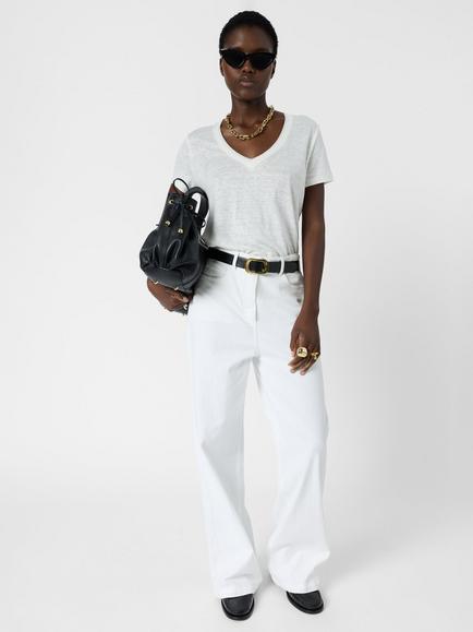 Gerard Darel Mirana V-Neck Pure Linen T-Shirt, White, White