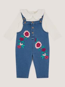 Monsoon Baby Flower Dungarees and Top Set, Blue, Blue