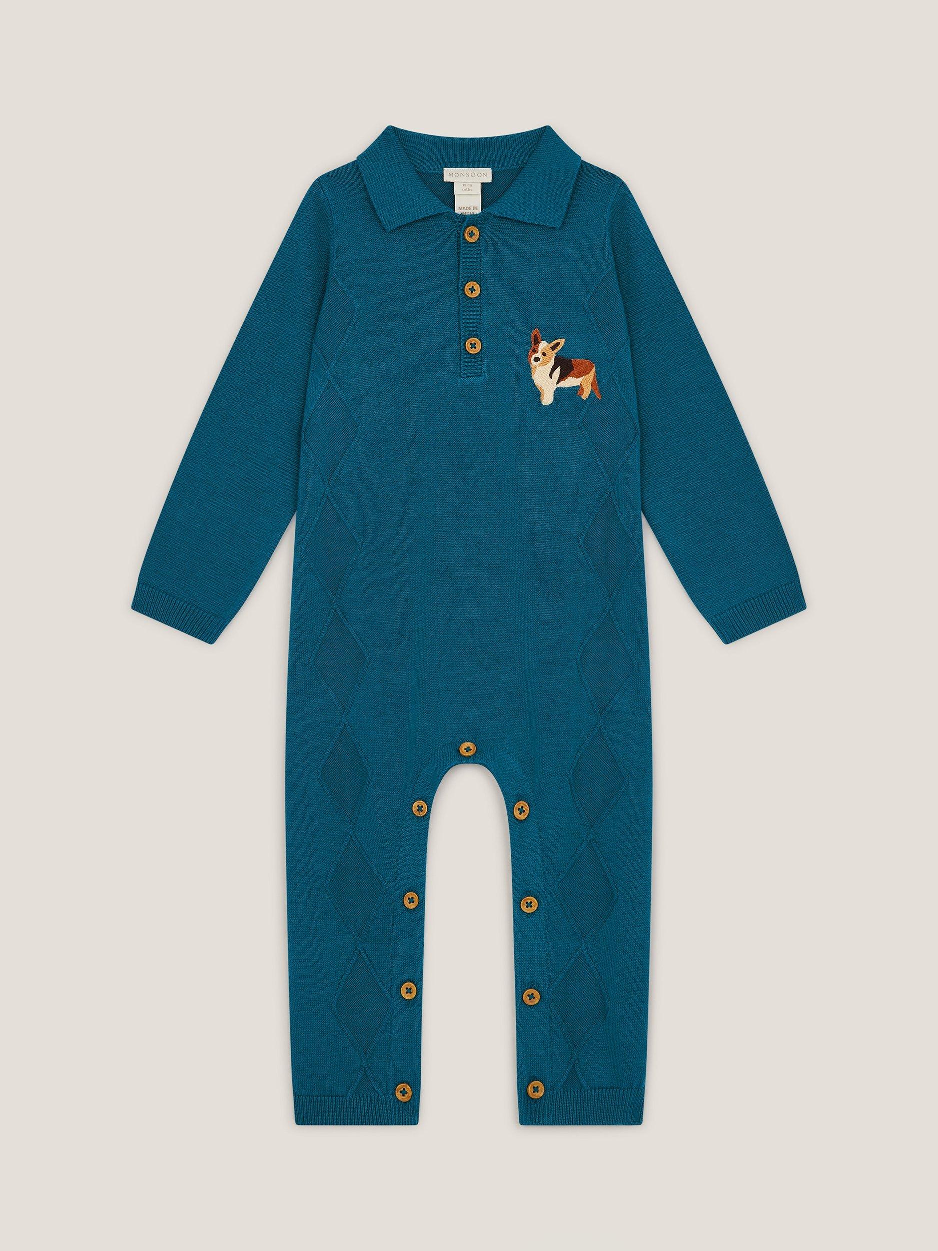 Product image 1 of 3, which shows Monsoon Baby Dog Romper, Blue, 0-3 months