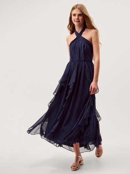 Monsoon Kids' Arizona Halter Ruffle Prom Dress, Navy