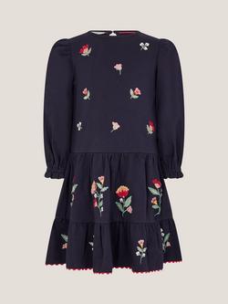 Monsoon Kids' Floral Embroiderd Dress, Navy - view 2, Navy