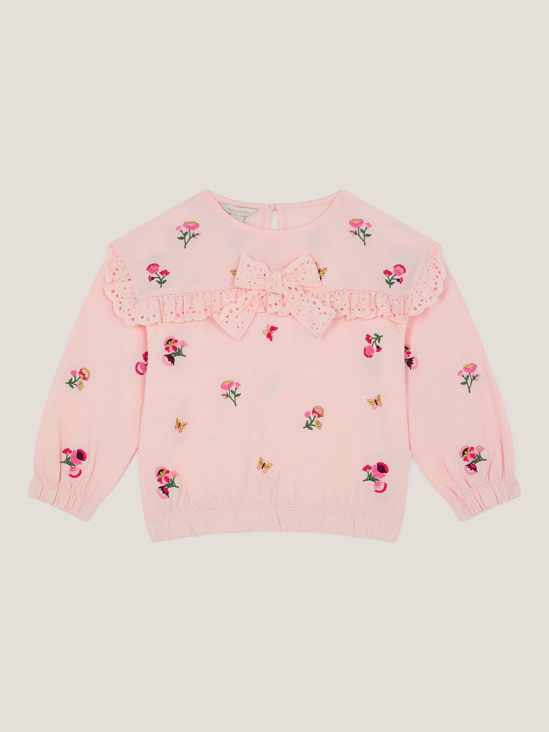 Product image 1 of 3, which shows Monsoon Kids' Floral Bow Sweatshirt, Pink, 3-4 years