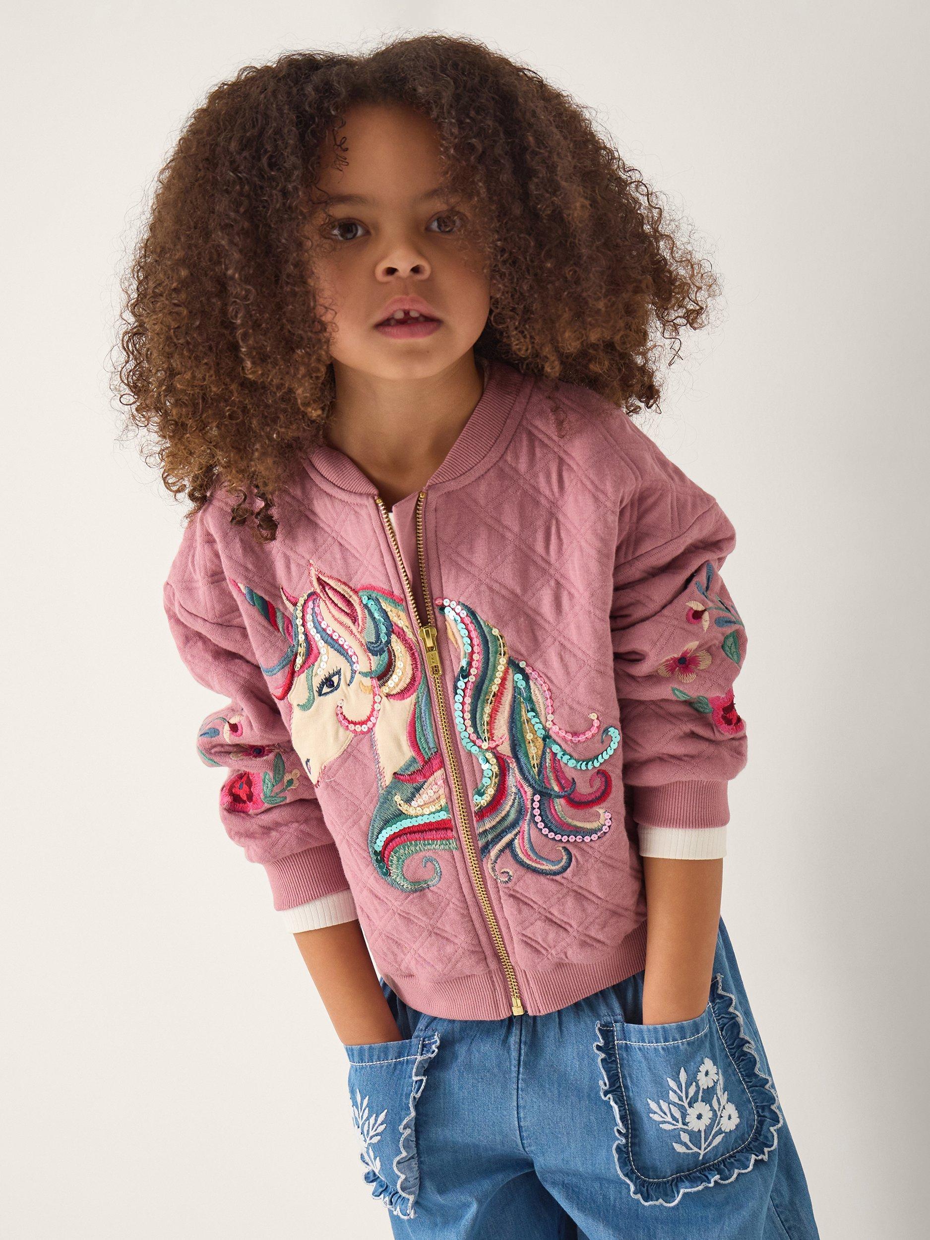 Product image 1 of 4, which shows Monsoon Kids' Embellished Unicorn Bomber, Pink, 3-4 years