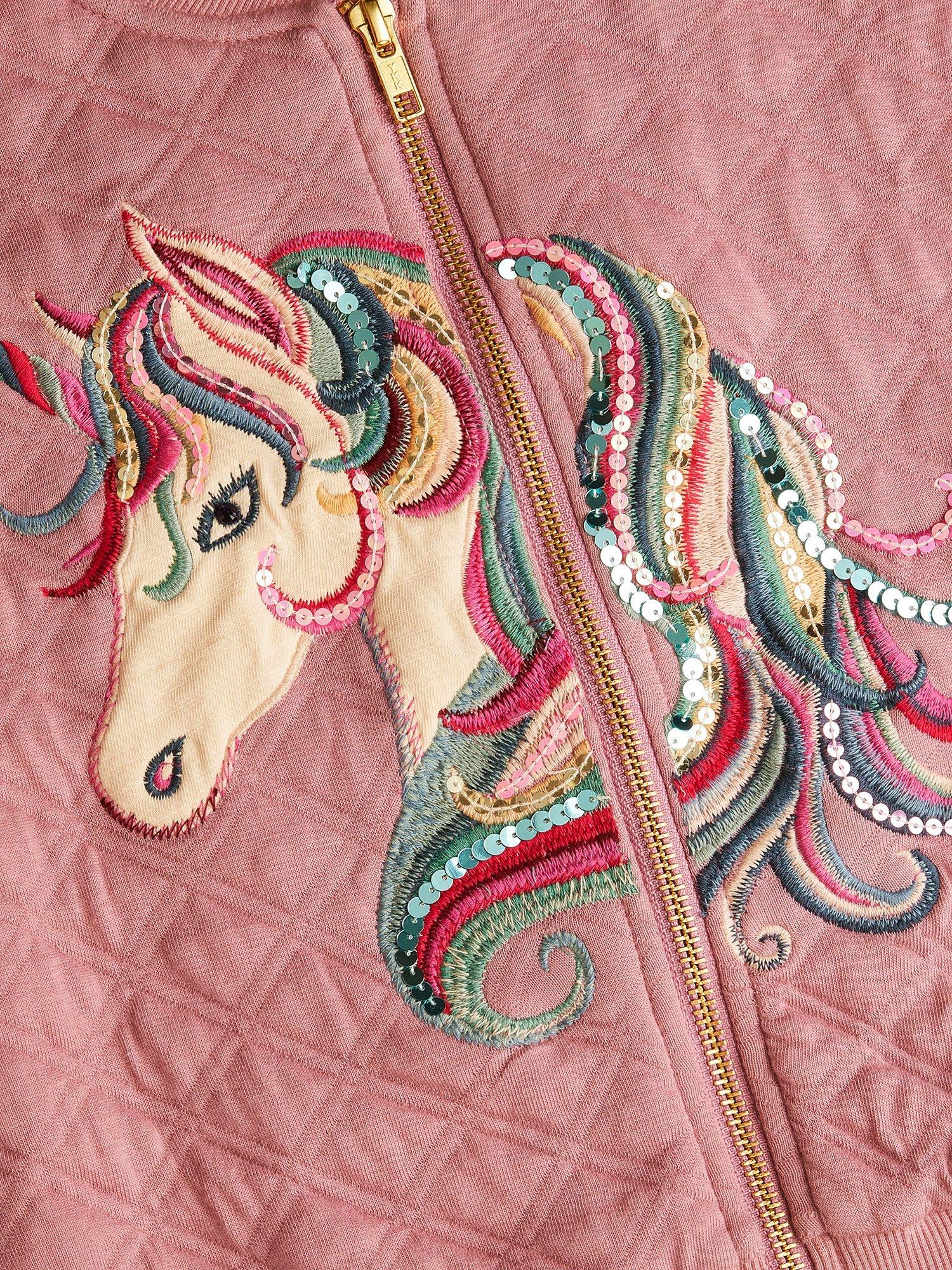 Product image 3 of 4, which shows Monsoon Kids' Embellished Unicorn Bomber, Pink, 3-4 years