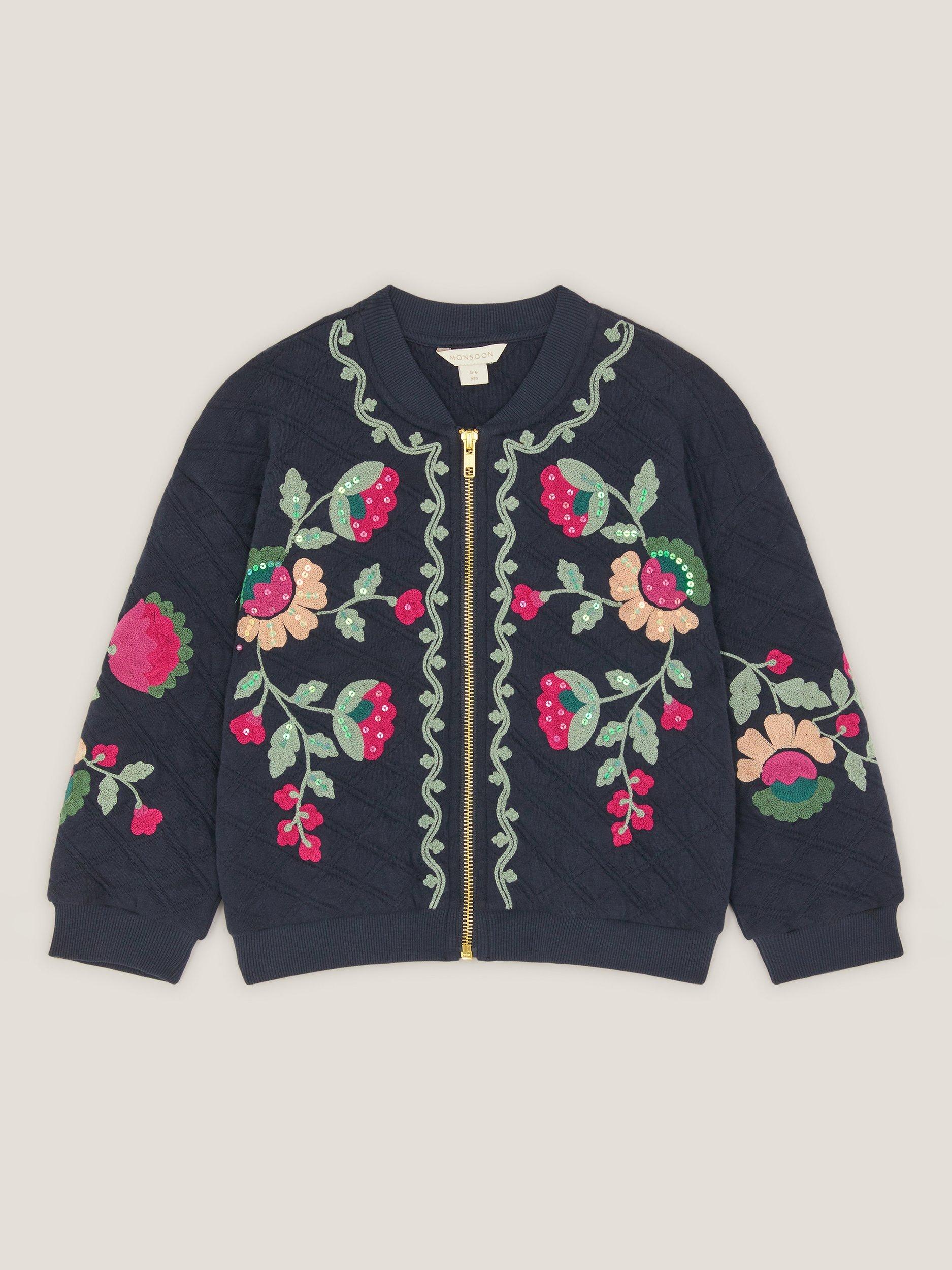 Product image 2 of 4, which shows Monsoon Kids' Floral Bomber Jacket, Navy, 3-4 years