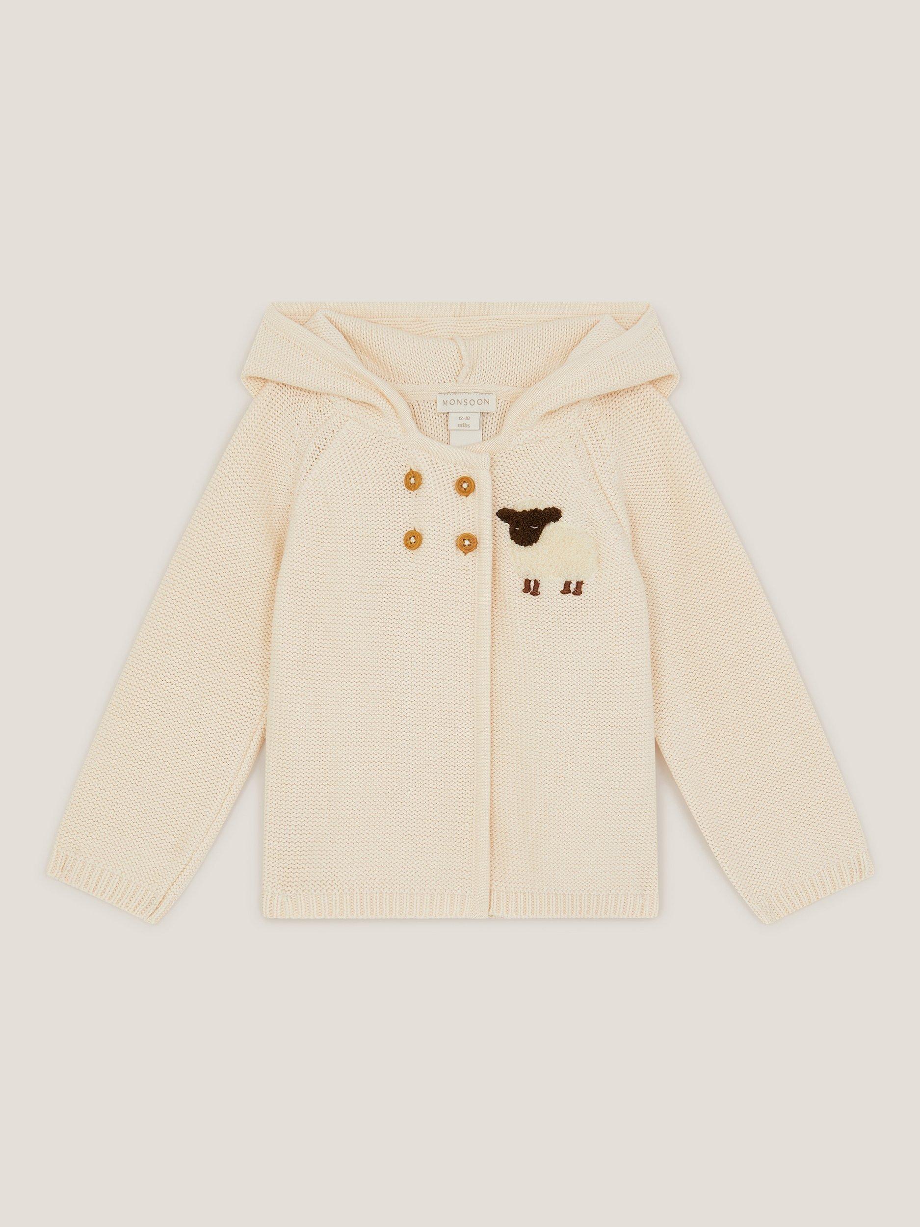 Product image 1 of 3, which shows Monsoon Baby Sheep Cardigan, Cream, 0-3 months