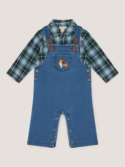 Monsoon Baby Digby Denim Dungarees and Shirt Set, Navy, Navy