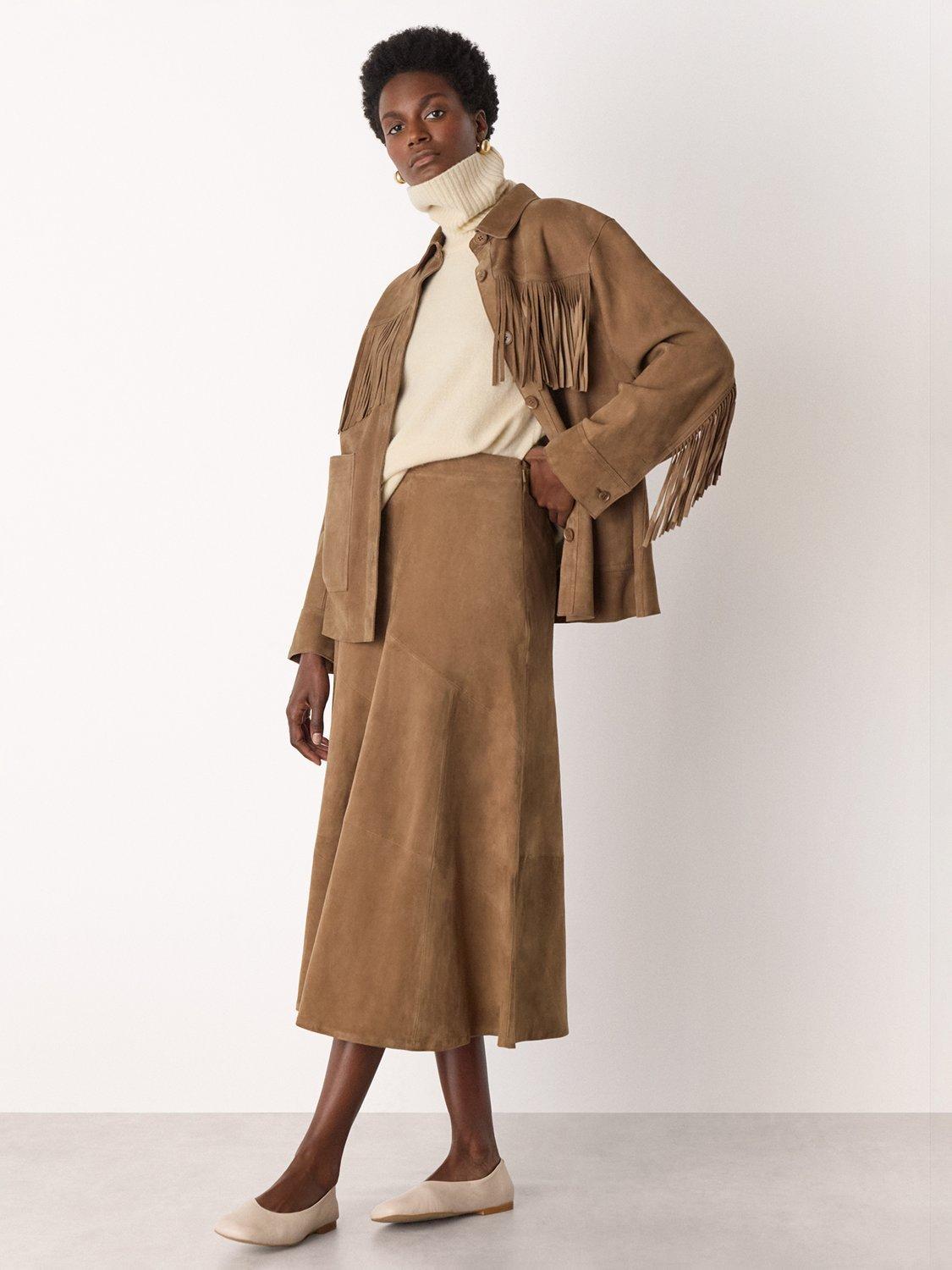 Product image 3 of 7, which shows Whistles Tassel Pure Suede Jacket, Taupe, XS