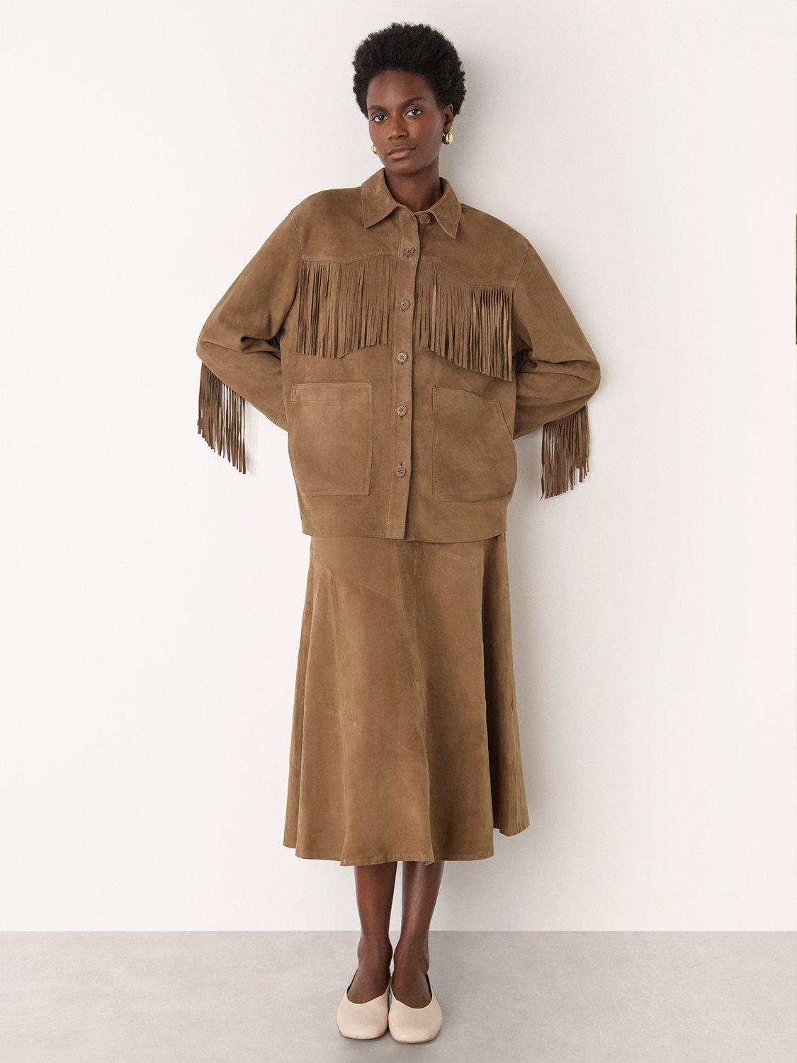 Product image 4 of 7, which shows Whistles Tassel Pure Suede Jacket, Taupe, XS