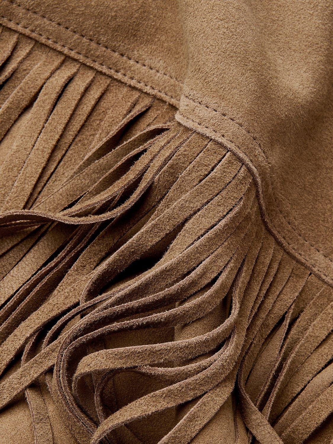 Product image 5 of 7, which shows Whistles Tassel Pure Suede Jacket, Taupe, XS