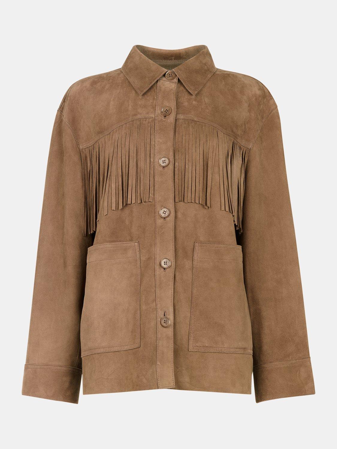 Product image 6 of 7, which shows Whistles Tassel Pure Suede Jacket, Taupe, XS