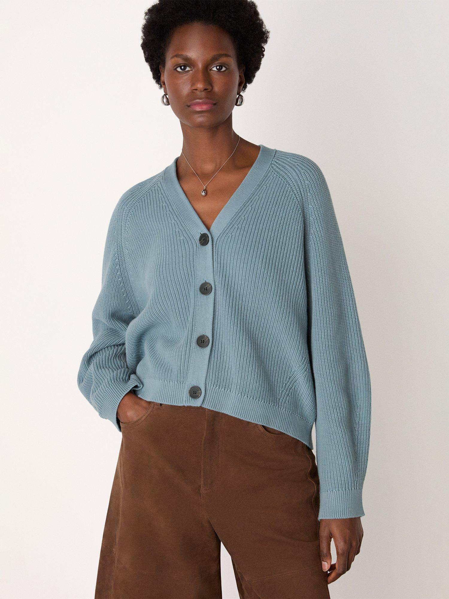Product image 1 of 6, which shows Whistles V-Neck Ribbed Cardigan, Blue, XS