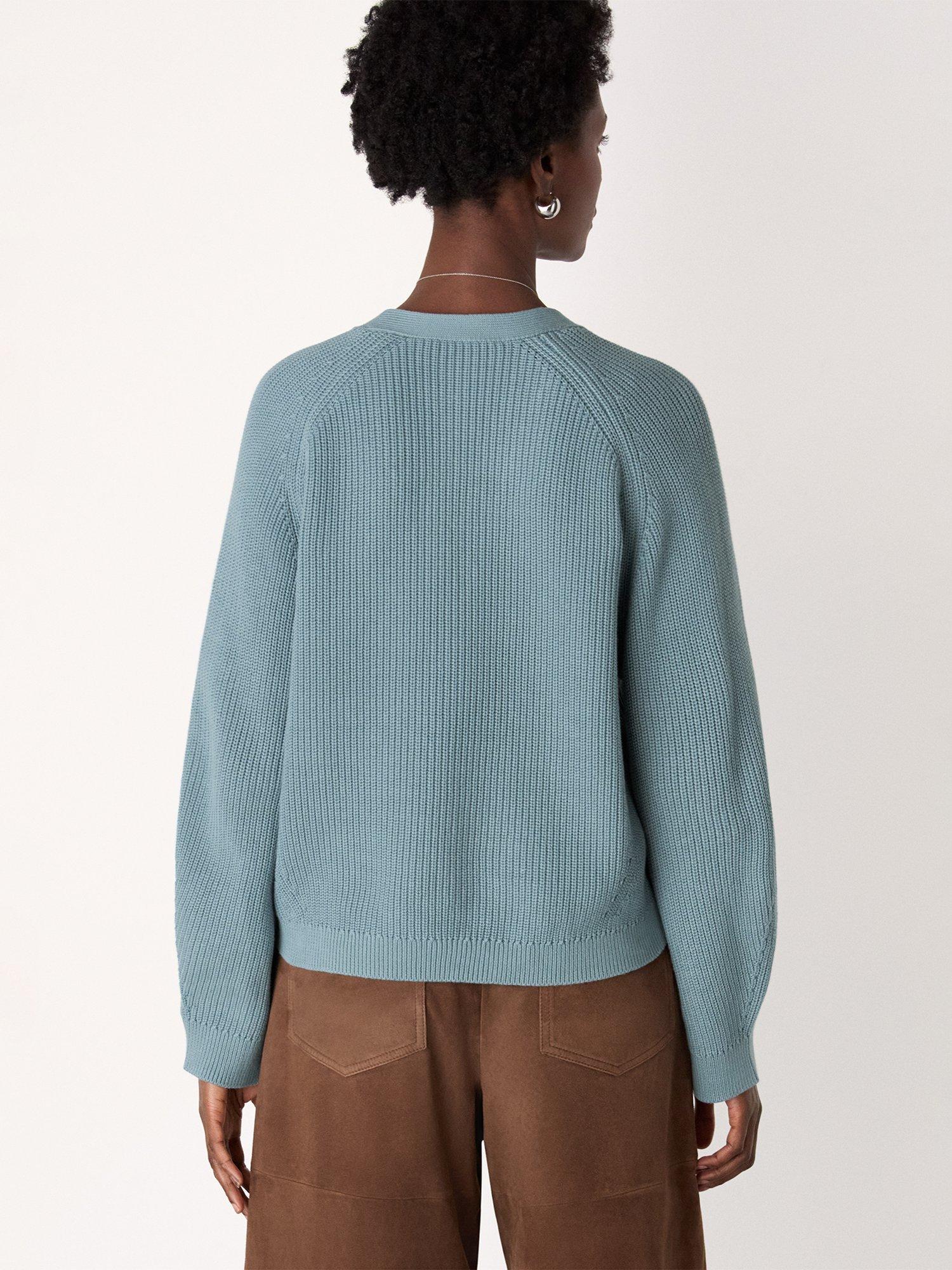 Product image 2 of 6, which shows Whistles V-Neck Ribbed Cardigan, Blue, XS