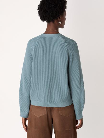 Whistles V-Neck Ribbed Cardigan, Blue - view 2, Blue