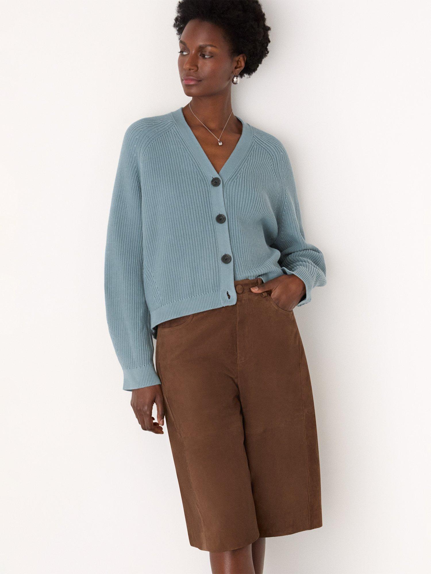 Product image 4 of 6, which shows Whistles V-Neck Ribbed Cardigan, Blue, XS