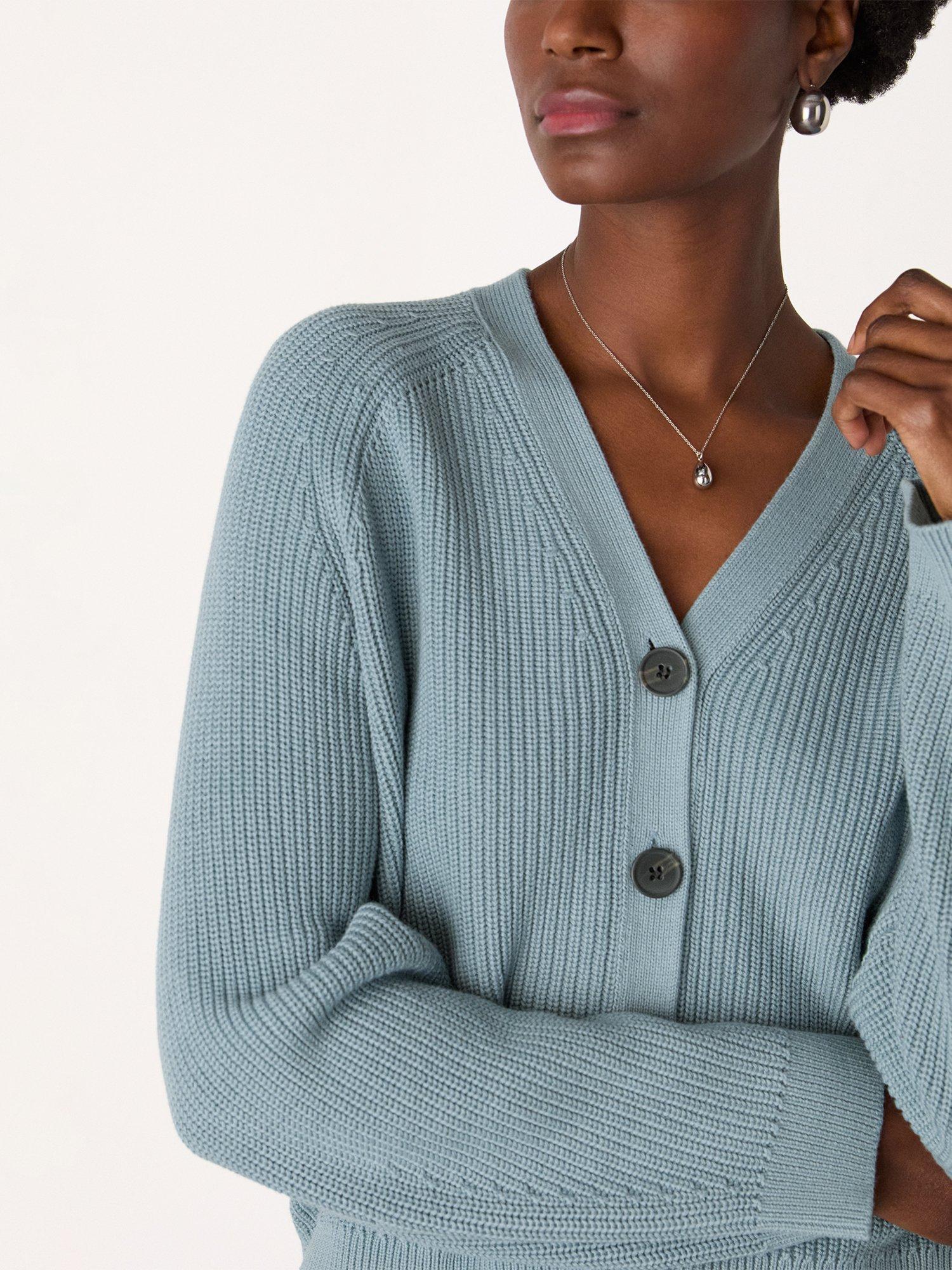 Product image 5 of 6, which shows Whistles V-Neck Ribbed Cardigan, Blue, XS
