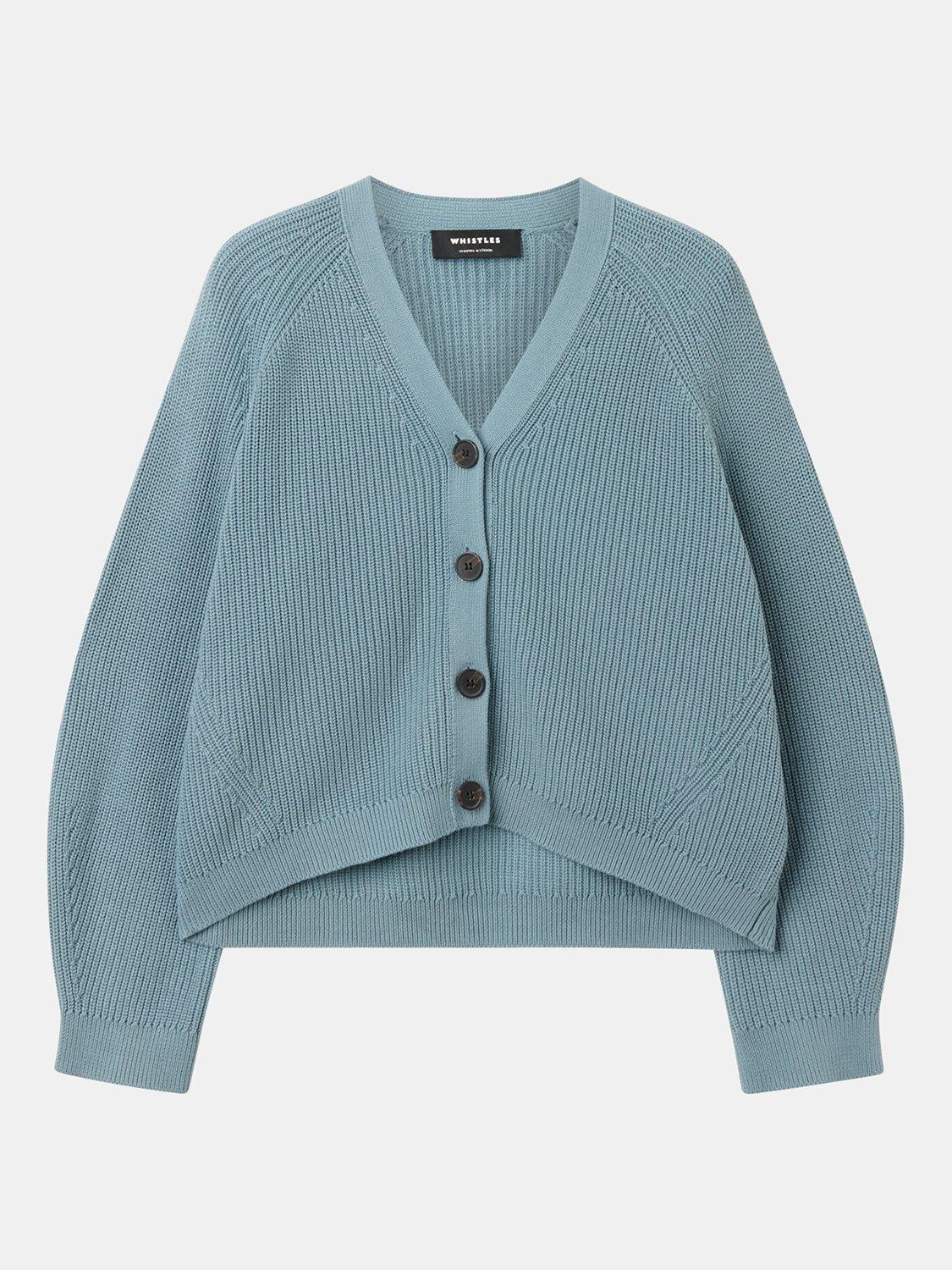 Product image 6 of 6, which shows Whistles V-Neck Ribbed Cardigan, Blue, XS
