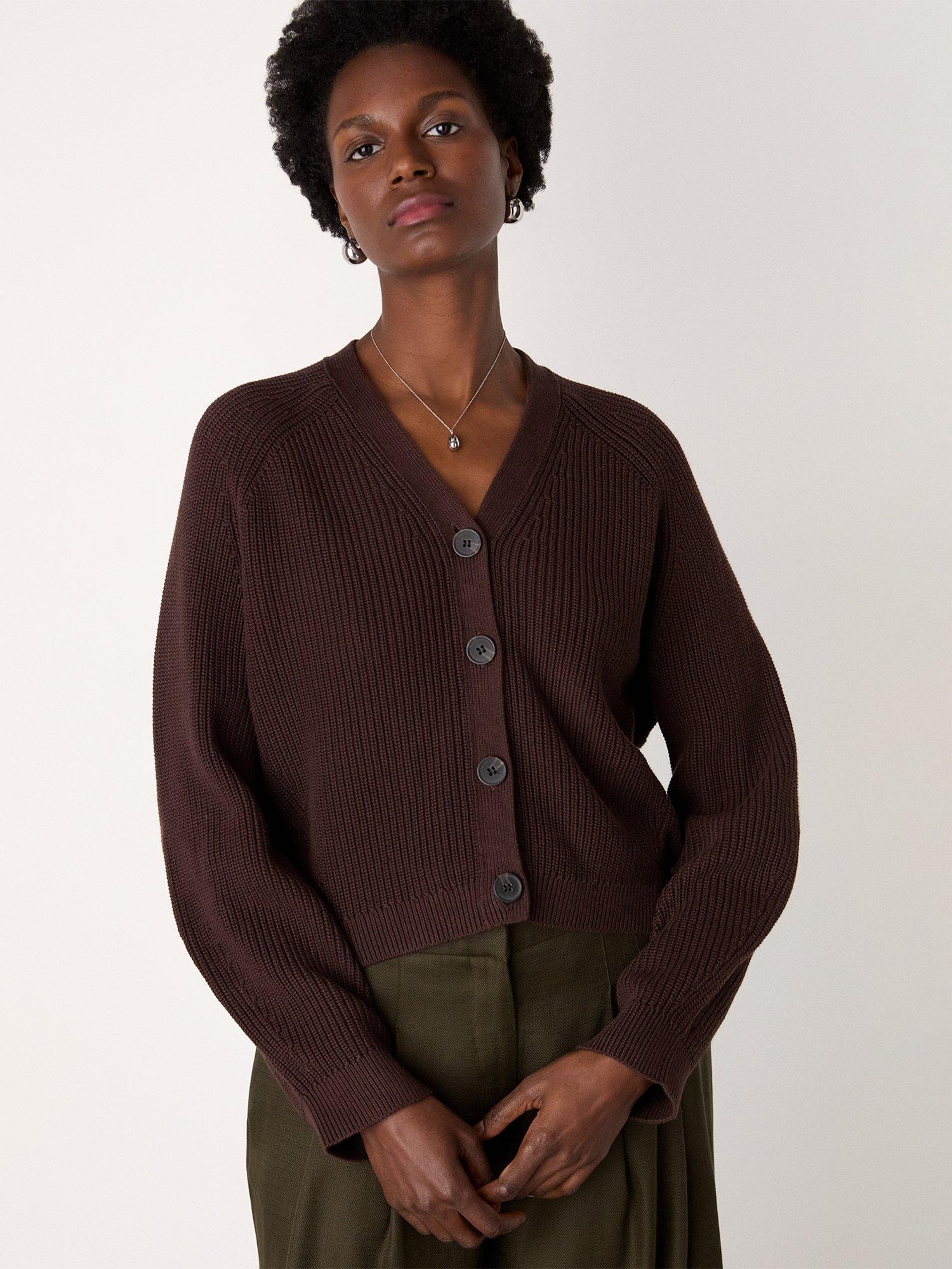 Product image 1 of 6, which shows Whistles V-Neck Ribbed Cardigan, Brown, XS