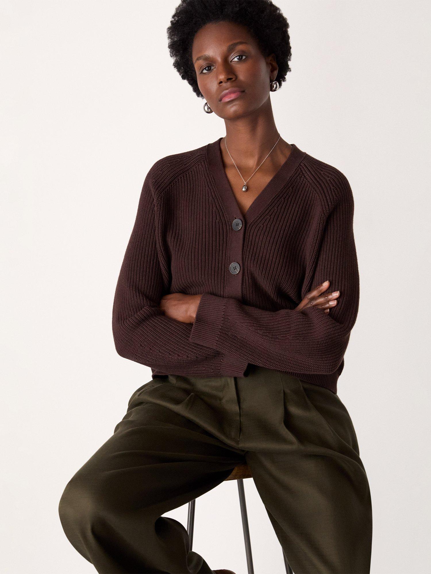 Product image 4 of 6, which shows Whistles V-Neck Ribbed Cardigan, Brown, XS