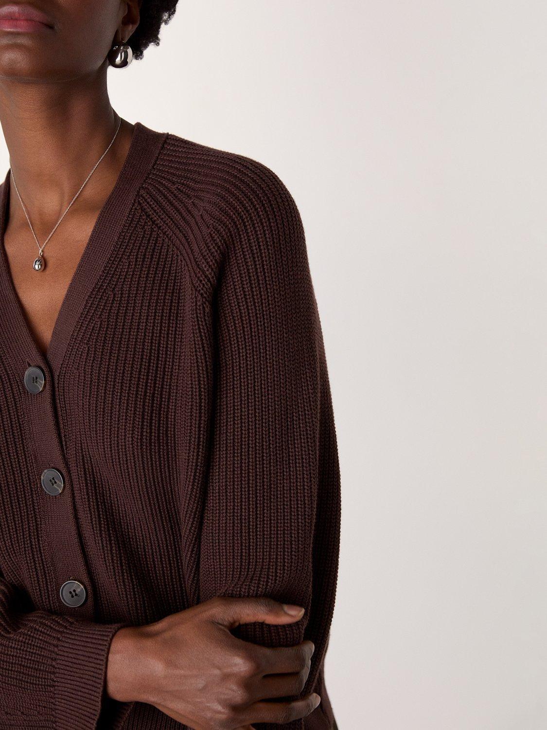 Product image 5 of 6, which shows Whistles V-Neck Ribbed Cardigan, Brown, XS