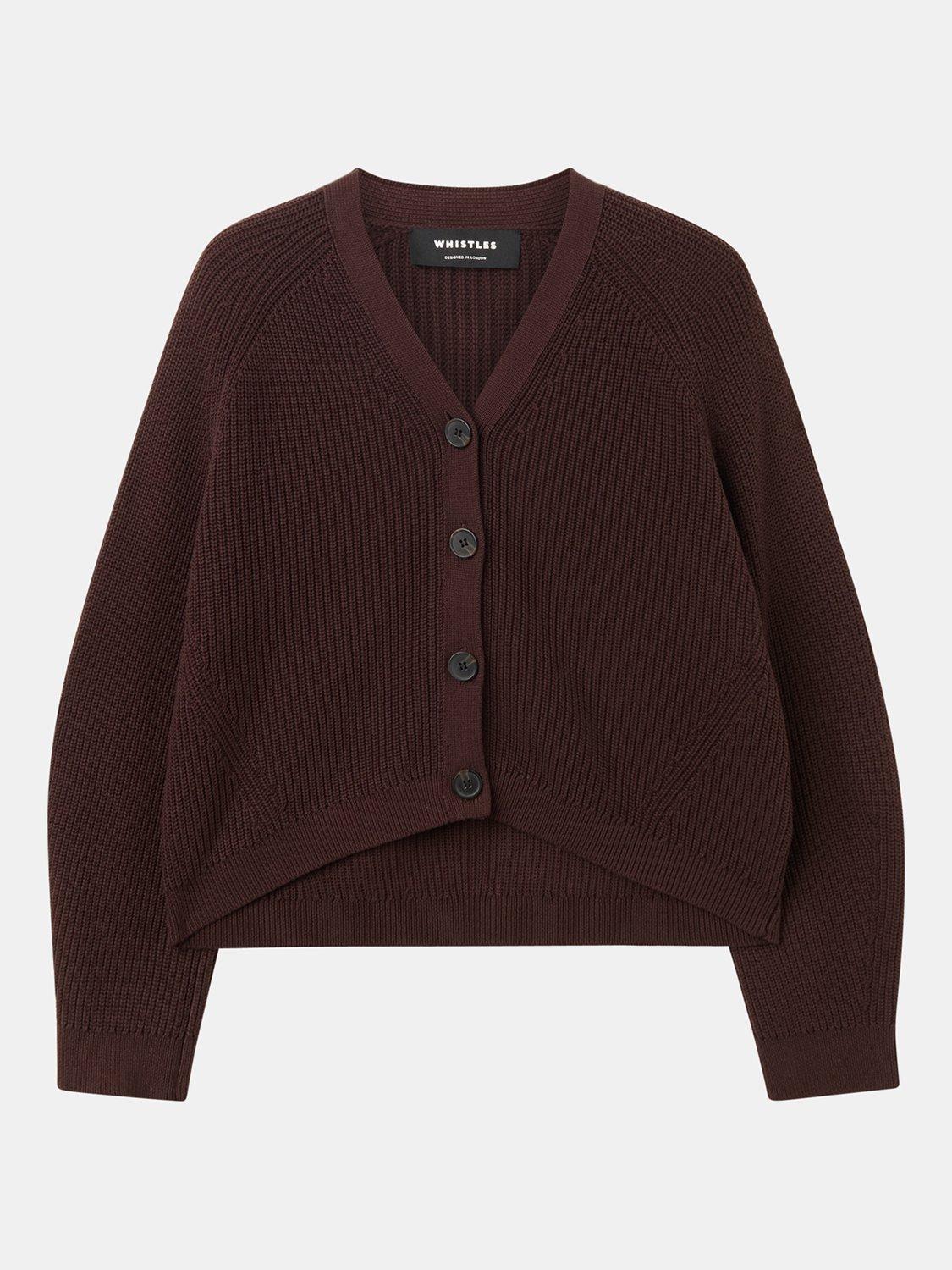 Product image 6 of 6, which shows Whistles V-Neck Ribbed Cardigan, Brown, XS